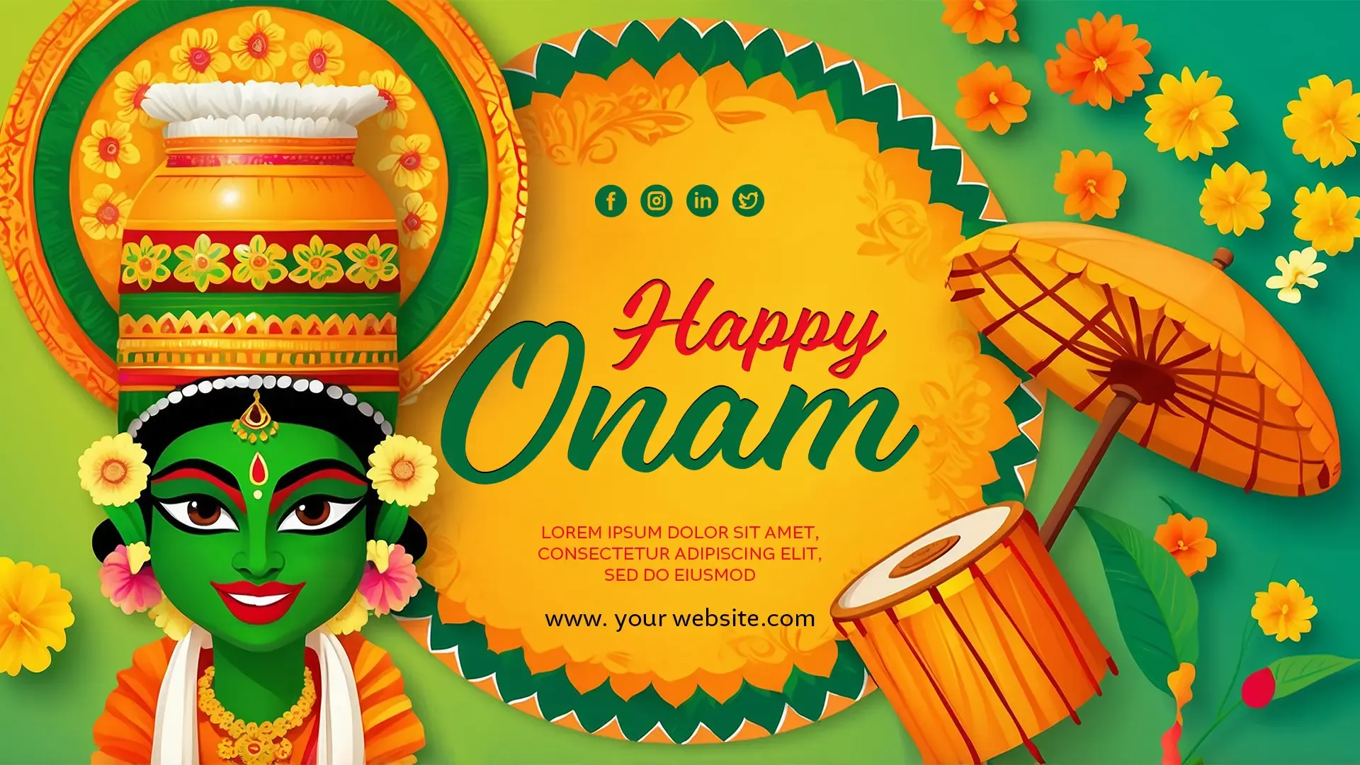 Happy Onam Banner with Kathakali and Floral Decor image